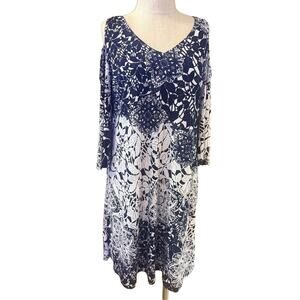 Prelude Sheath Dress Womens Large Blue White Floral Cold Shoulder Sleeve V Neck